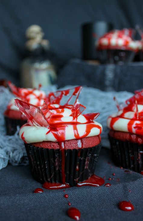 Smoked Salmon Bites, Vampire Bite, Salmon Bites, Cupcakes With Cream Cheese Frosting, Velvet Cupcakes, Food Dye, Red Velvet Cupcakes, Red Food Coloring, Broken Glass