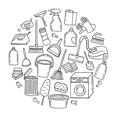 Set of Cleaning service doodle. Sketch of cleaning equipments, sponge, bucket, mop, vacuum, broom. Hand drawn vector illustration isolated on white background. Bucket Drawing, Cleaning Drawing, Cleaning Icons, Buisness Cards, Procreate Ipad Art, Brush Drawing, Cleaning Logo, Object Drawing, Hand Drawn Vector Illustrations