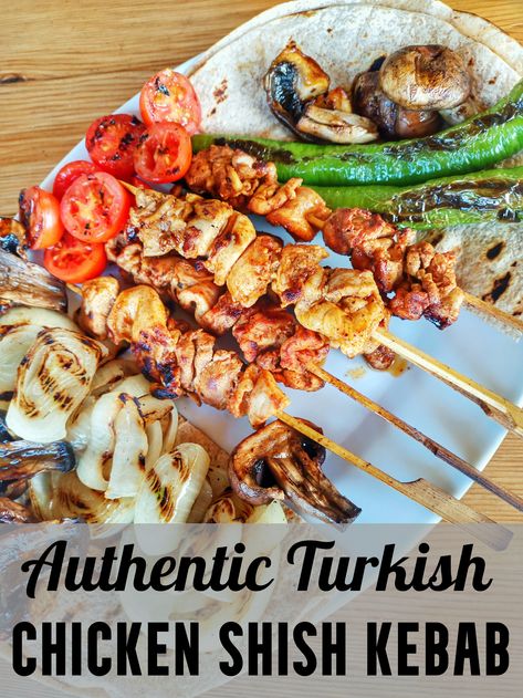 Turkish chicken shish kebabs - chicken skewers - served with griddled charred vegetables and lavash bread. The griddled vegetables are sliced onions, green peppers, mushrooms and cherry tomatoes. Turkish Shish Kebab, Turkish Recipes Chicken, Turkish Chicken Kebab, Air Fryer Dinners, Shish Kebabs, Turkish Chicken, Turkish Kebab, Home Chicken, Chicken Kebab Recipe