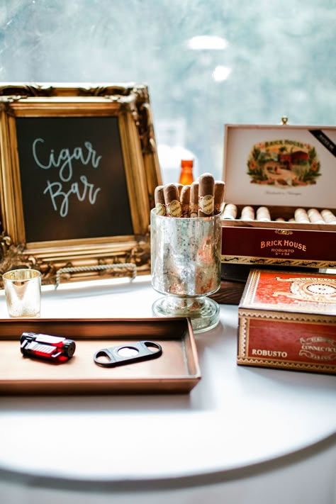 Cigars Wedding Bar, Cigars Bar Wedding, Vintage Party Theme Men, Cigars At Wedding Receptions, Cigars And Whiskey Bar Wedding, Cigars And Whiskey Party Centerpieces, Cigars At Wedding, Wedding Cigars Ideas, Vintage Reception Ideas