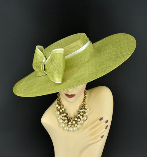 M23155 Lime Green/white Wide Brim Sinamay Fascinator Hat for Kentucky Derby Hat, Church Hat, Wedding Hat, Easter Hat, Royal Ascot Hat - Etsy Sweden Easter Hat, Sinamay Fascinator, Royal Ascot Hats, Easter Hats, Ascot Hats, Hat Wedding, Church Hat, Flat Brim Hat, A Hat In Time