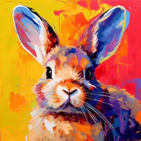 Original art that can't be found anywhere else High-resolution, digitalized, pop art-style painting of a bunny rabbit with bright, vibrant colors. Personal recommendation for getting this printed is through Mpix.com Vibrant Portrait, Colorful Animal Paintings, Bunny Rabbit Art, Easter Paintings, Rabbit Colors, Pop Art Animals, Bunny Painting, Rabbit Painting, Art Mignon