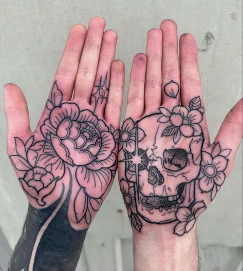 Black Peony Tattoo, Peony Hand Tattoo, Cuticle Tattoos, Hand Palm Tattoos, Palm Tattoo, Tattoo Website, Gallery Tattoo, Skull Hand Tattoo, Hand And Finger Tattoos