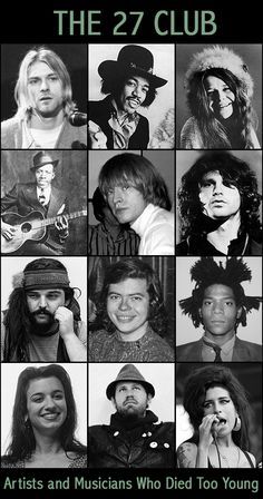 The 27 Club is an eerie coincidence of a group of musicians and artists that lost their lives at the age of 27. Here are some of the most famous ones... The 27 Club, Muzică Rock, 27 Club, Class Pictures, Club Poster, Julie Andrews, Rock N’roll, Mötley Crüe, Foto Vintage