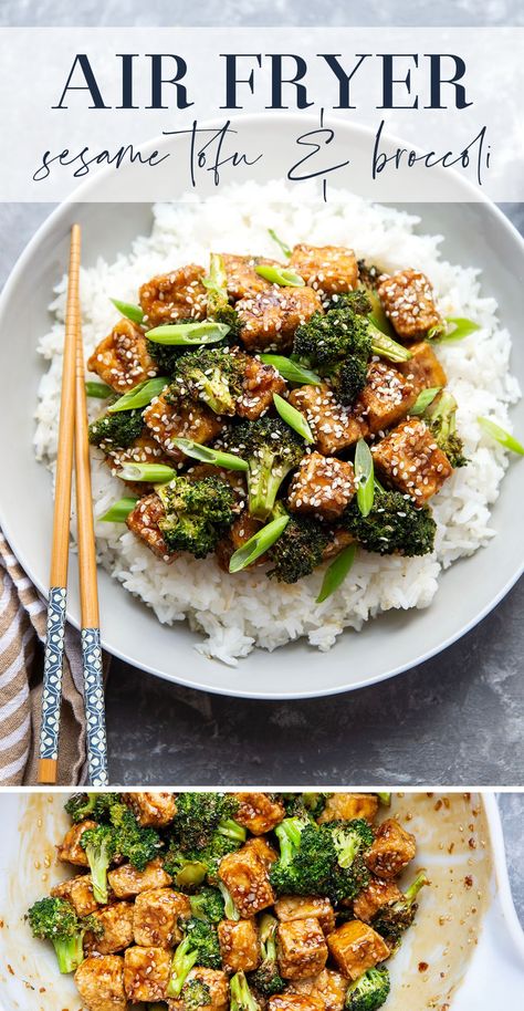 Air Fryer Sesame Tofu and Broccoli Tofu And Broccoli, Broccoli Tofu, Sesame Tofu, Bbq Tofu, Sesame Sauce, Crispy Tofu, Baked Tofu, Extra Firm Tofu, Vegan Bowls