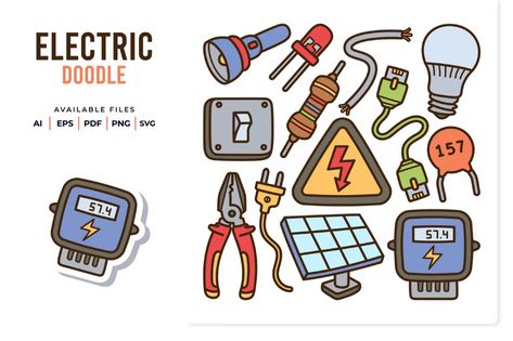 Electric Tools Handdrawn Doodle by yellowline_std on Envato Elements Electricity Doodle, Electricity Drawing, Electrical Drawing, Electricity Poster, 2023 Bujo, Electronics Illustration, Creative Mind Map, Classroom Wall Decor, Diy Flower Pots