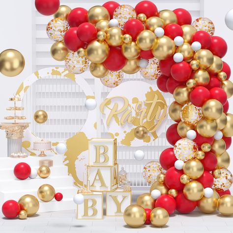 Red Gold Balloon Garland, Gold Balloon Garland, Frozen Party Decorations, Gold Confetti Balloons, Balloon Chain, Silver Balloon, Quince Ideas, Garland Arch, Candy Theme