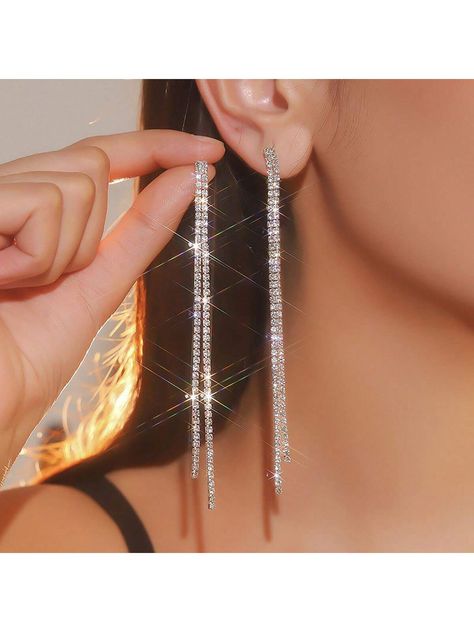 1 Pair Of Simple Style Long Dangle Earrings With Rhinestones, Suitable For Women's Wedding And Party Accessories Silver    Zinc Alloy  Drop Earrings   Women Fashion Jewelry, size features are:Bust: ,Length: ,Sleeve Length: Wedding Party Accessories, Diamond Decorations, Minimalist Earrings Studs, Winter Jewelry, Prom Earrings, Long Tassel Earrings, Casual Wear Women, Minimalist Studs, Prom Jewelry