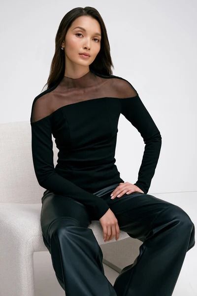 Marcella NYC | Minimalism with an Edge Clothing for Women Top Clothing, Illusion Neckline, Sweatshirt Fabric, Princess Seams, Wardrobe Ideas, Princess Seam, Dress Codes, Winter Outfits, Off Shoulder