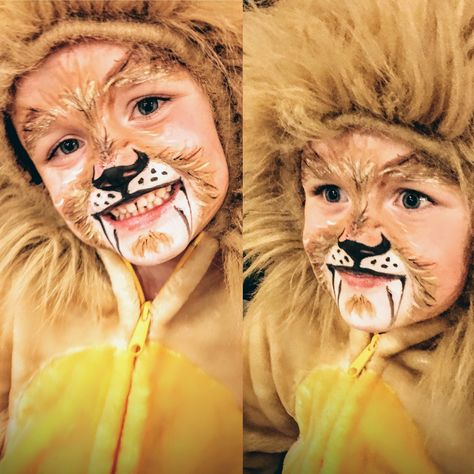 Sabertooth Lion Face-Paint (by 4yr request) •Simple 5mins •Paints: Snazaroo 28 color palette + B & W 18ml/ea. Lion Face Painting Easy, Kids Lion Face Paint, Simple Lion Face Paint, Safari Animal Face Paint, Lion Face Painting For Kids, Lion Makeup Kids, Easy Lion Face Paint, Lion Face Makeup, Easy Lion Makeup