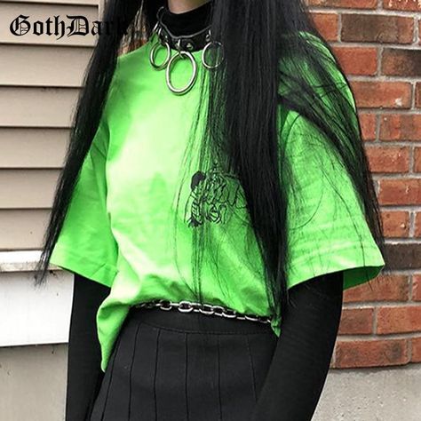 Neon Green Outfits, Neon Goth, Soft Grunge Outfits, E Girl Outfits, Green Outfits, Aesthetic Grunge Outfit, Streetwear T Shirt, Grunge Look, Harajuku Streetwear