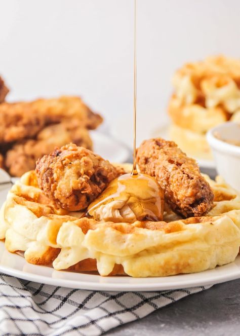 No need to count calories with these chicken and waffles, this sweet and salty classic is worth every bite! Chicken And Waffles Recipe, Maple Syrup Recipes, Baked Chicken Drumsticks, Chicken Waffles, Fried Chicken And Waffles, Fluffy Waffles, Waffles Recipe, Homemade Waffles, Buttermilk Fried Chicken