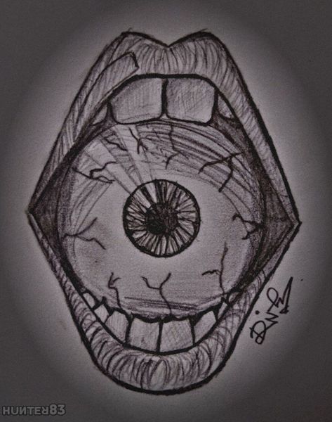 Eyeball In Mouth Drawing, Trippy Sketch Ideas Pencil, Easy Dark Art, Dark Easy Drawings, Mouth With Eyeball, Scary Mouth Drawing, Creepy Mouth Drawing, Creepy Things To Draw Weird, Weird Drawings Easy