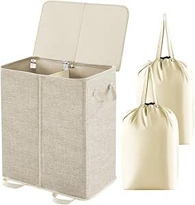 Lifewit Double Laundry Hamper with Lid and Removable Laundry Bags, Large Collapsible 2 Dividers Dirty Clothes Basket with Handles for Bedroom, Laundry Room, Closet, Bathroom, College, Beige Double Hamper, Double Laundry, Hamper With Lid, Double Laundry Hamper, Laundry Hamper With Lid, Laundry Bin, Laundry Routine, Dirty Clothes Basket, Clothes Hamper