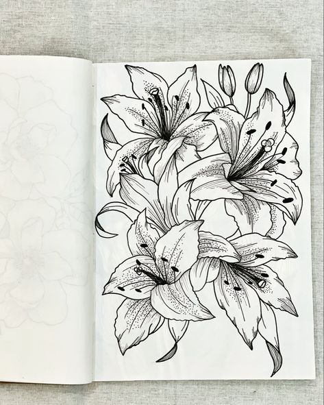 Micro Pen Art, Tiger Lily Bouquet, Tiger Lily Tattoos, Fineliner Art, Tiger Lilies, Art Hub, Note Book, Tiger Lily, Book Art Drawings