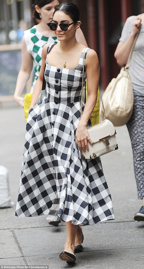 Chequered run: Vanessa Hudgens wore a black and white checked dress as she headed for her ... Black And White Check Dress Outfit, Checkered Maxi Dress, Checks Dresses For Women, Black & White Dress, Check Frock Designs For Women, Checkered Dress Outfit Summer, Summer Dress Outfits Black Women, Checked Dresses For Women, Check Design Dress