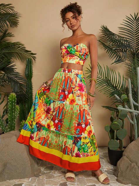 Holiday Woven Print Bandeau Top & High Waist Skirt Women's 2 Piece Set Multicolor Boho    Floral,Tropical,Plants  Non-Stretch  Women Clothing, size features are:Bust: ,Length: ,Sleeve Length: Tropical Skirt, Flower Print Blouse, Bandeau Tops, Ruched Skirt, High Waist Skirt, Vestido Casual, Kids Sleepwear, Bandeau Top, Boho Floral