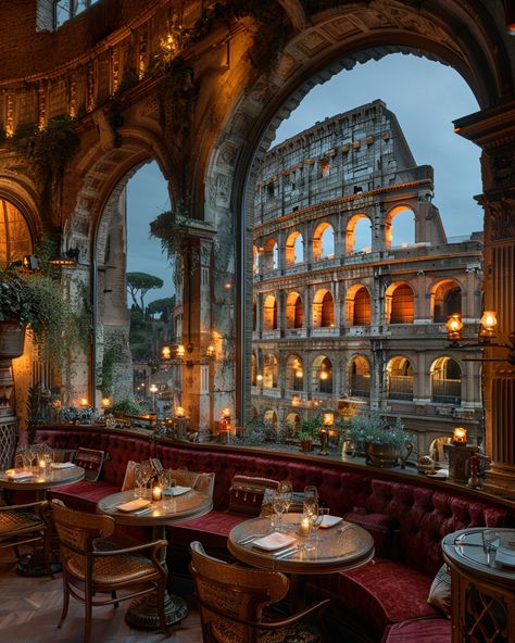 Interior View of Luxury Double Height Colosseum Arched Restaurant Michelin Restaurant Interior, Italian Windows Design, Restaurant Building Exterior, Classic Cafe Interior, Italy Restaurant Aesthetic, Vintage Italian Restaurant, 1940s Italy, Rome Cafes, Italian Restaurant Interior