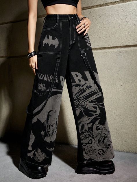 Black  Collar  Denim Letter Wide Leg Embellished Non-Stretch  Women Clothing Patchwork Black Jeans, Batman Outfits For Women, Batman Pants, Batman Clothes, Dc Outfits, Customized Jeans, Graphic Jeans, Bow Shorts, Dark Jeans