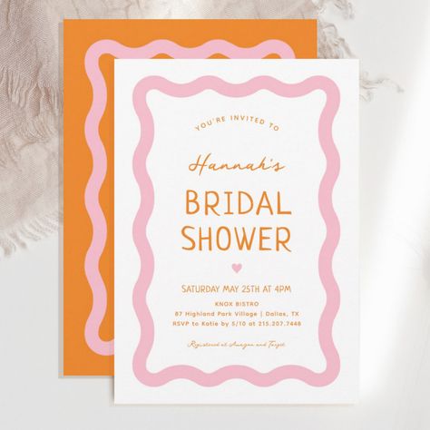 60s Bridal Shower Ideas, Bridal Shower Stationary, Orange And Pink Bridal Shower Ideas, Colorful Bridal Shower Ideas, Bridal Shower Retro, Groovy Butterfly, Wedding Shower Invites, Unique Bridal Shower Themes, Bridal Shower Colors