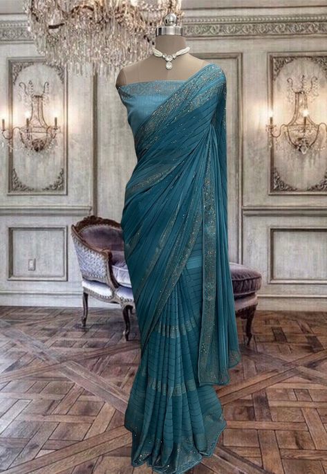 Shaded blue georgette saree with Kundan work and art silk blouse piece Blue Party Saree, Teal Blue Saree, Classy Sarees, School Farewell, Clothes Cupboard, Tamil Saree, Blue Georgette Saree, Blue Sarees, Indian Fits