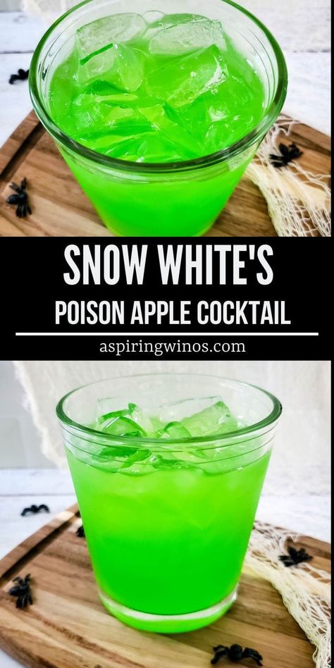 Cruella Deville Cocktail, Green Apple Syrup Drinks, Poison Apple Drink Cocktail Recipes, Snow White Cocktail, Green Apple Alcohol Drinks, Cocktail Recipes Sweet, Disney Cocktails Recipes, Poison Apple Cocktail, Poison Apple Drink