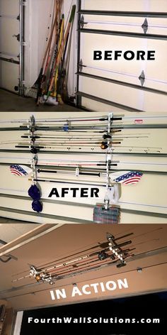 For Fishing Rods, Kayak Paddles and light Garden Tools to hang on your Garage Door or on your walls or ceiling Garage Door Storage, Garage Organization Shelves, Fishing Pole Storage, Garage Organization Systems, Kayak Storage Rack, Garage Organisation, Garage Door Types, Fishing Rod Storage, Garage Storage Racks