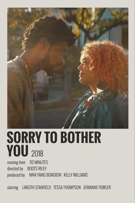 Polaroid with a scene from Sorry to Bother You where Cassius and Detroit are outside looking into each others' eyes. There's also information about the movie at the bottom like crew, producers, etc. Sorry To Bother You Quotes, Sorry To Bother You Poster, Great Movies To Watch List, Sorry To Bother You, Good Love Movies, Really Love Movie, Black Movies To Watch List, Black Movies To Watch, Movie Poster Polaroid