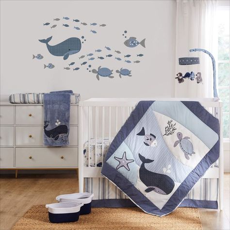 Levtex Baby - Boho Bay Crib Bed Set - Baby Nursery Set - Navy, Blue, Grey and White - Under The Sea - 5 Piece Set Includes Quilt, Two Fitted Sheets, Wall Decal & Skirt/Dust Ruffle Nursery Rooms, Baby Help, White Nursery, Nursery Accessories, Dust Ruffle, Crib Sets, Nursery Set, Crib Bedding Sets, Fitted Crib Sheet