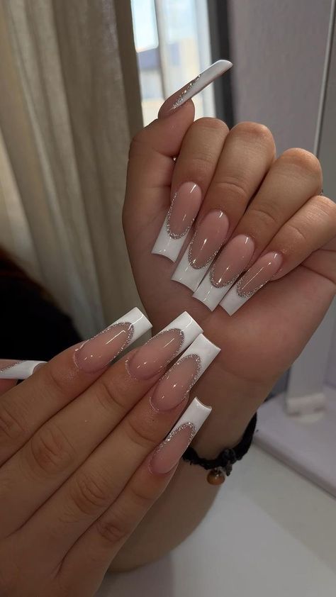 Trendy White Tip Nails, Pretty French Tip Nails Square, U Shape French Tip Nails, French Tip Nails Coffin Rhinestones, Iridescent French Tip Nails Acrylic, French Tip Acrylic Nails With Bling, White French Tip Nails Acrylic Silver Glitter, Wedding Nails For Bride Tapered Square, White French Tip Nails With Glitter Line