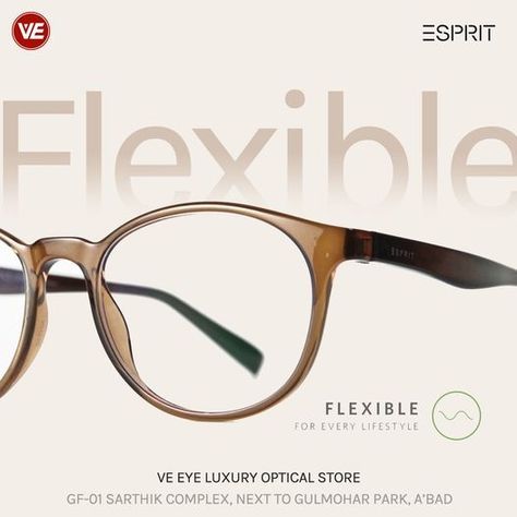 Frames that stretch away like gymnasts. Because flexibility is the key! So get hands-on sharp vision and smooth adjustments now with VE EYE! #eyewear #sunglasses #fashion #glasses #eyewearfashion #veeye #eyeweartrends #ahmedaba #accessories #eyeweardesign #vision #luxuryeyewear #scrumfolks Eyewear Advertising, Optician Marketing, Sunglass Photography, Eyewear Ad, Eyewear Photography, Eyewear Store Design, Eye Facts, Instagram Branding Design, Social Media Advertising Design