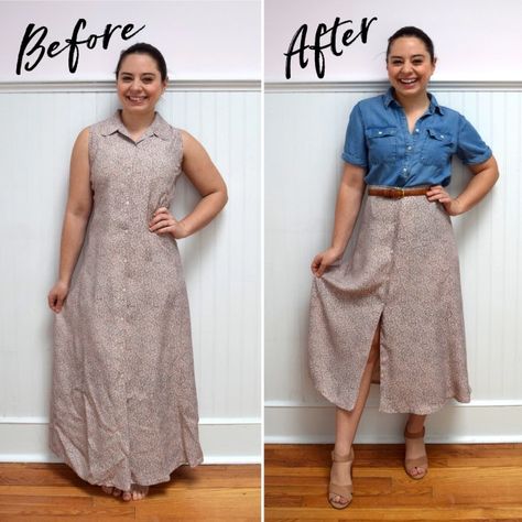 Dress Into Skirt, Diy Midi Skirt, Skirt Refashion, Upcycle Dress, Refashion Dress, Upcycle Clothes Diy, Make Your Own Clothes, Altering Clothes, Fashion Revolution