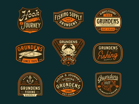 Grundens - Badges by Muhammad Bagus Prasetyo for Skilline Design Co. on Dribbble Logo Badge Design, Patch Design Ideas, Vintage Badge Design, Classic Lettering, Fishing Supplies, Outdoor Stickers, Badge Logo, Modern Logo Design, Professional Logo Design