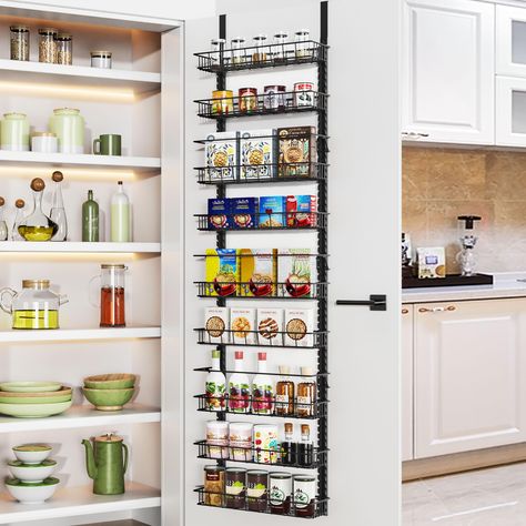 PRICES MAY VARY. Easy to Assemble: Our over-the-door pantry organizer can be installed quickly with the included specialty instructions. This pantry door organizer is designed to fit most doors, doors should not be thicker than 1.78inches. The product dimension: 5.71"D x 16.54"W x 68.9"H. Multi-purpose Design: The spice rack can be used to organize your spices behind a door or on the wall. As a wall-mounted spice rack, it can be split up into several separate storage organizer racks. This makes Door Pantry Organizer, Pantry Door Storage, Tiny Pantry, Door Spice Rack, Pantry Door Organizer, Wall Spice Rack, Hanging Spice Rack, Pantry Space, Wall Mounted Spice Rack