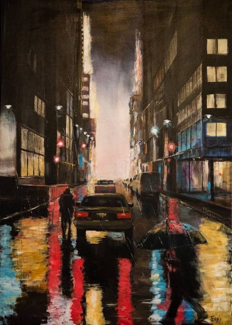 Original Cities Painting by Eugis Eidukaitis | Impressionism Art on Canvas | Night lights. #beautiful #art #draw #digitalart #gallery #illustration #paint #drawing #abstract #color #popart #watercolor #artworks #galleryart #graphicart City Lights At Night Painting, Night Street Painting Acrylic, Car At Night Painting, Painting Of City At Night, City Rain Painting, Night Lights Painting, Street Lights At Night Painting, Car In Rain Painting, Night Light Painting