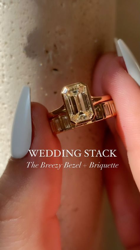 One of our fave recent wedding stacks has got to be the Breezy Bezel Emerald + Briquette combo. Matching not only their step cut emerald… | Instagram Vintage Engagement Ring With Band, Him And Her Wedding Rings, Bezel Wedding Ring Stack, Emerald Engagement Ring With Bezel, Bezel Ring With Wedding Band, Bezel Set Engagement Ring And Wedding Band, Bezel Set Engagement Ring Stack, Emerald Cut Diamond Bezel Ring, Bezel Emerald Engagement Ring Stack