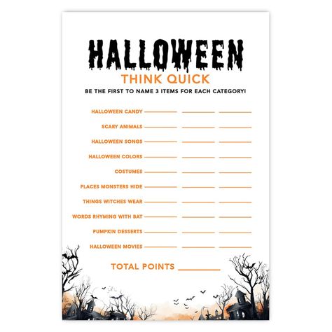 PRICES MAY VARY. RAPID-FIRE HALLOWEEN FUN: Our set of 24 Halloween Think Quick game cards promises fast-paced excitement as players race to name three items for each category. Ideal for lively Halloween parties, classroom parties, themed baby showers, bridal showers, and beyond. PLENTY TO GO AROUND: Each order includes 6 perforated cardstock sheets, with 4 game cards on each sheet, providing a total of 24 cards. Ensure everyone can join in on the high-energy fun. QUALITY MEETS CREATIVITY: These Halloween Birthday Party Games, Fun Halloween Games For Kids, Party Games Halloween, Spooky Haunted House, Spooky Games, Fun Halloween Games, Scramble Game, Halloween Songs, Quick Games