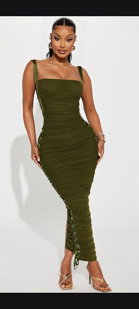 Tied Maxi Dress, Yodit Yemane, Curvy Casual Outfits, Olive Fashion, Pink Olive, Mesh Maxi Dress, Free Dresses, Satin Maxi