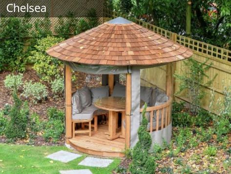 Latest and trendy garden gazebo seating decoration design and collection Small Garden Gazebo, Luxury Gazebo, Small Garden Pergola, Wooden Garden Gazebo, Round Gazebo, Small Gazebo, Backyard Seating Area, Wooden Gazebo, Pavilion Design