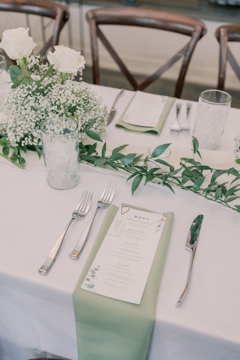 Beautiful sage green wedding table settings from Jessica and Andrew's wedding reception at Stella of New Hope in Pennsylvania by Pennsylvania Wedding Photographer, Jess Palatucci Photography. Sage Green Napkins Wedding Table, Sage Green And Silver Wedding Table Settings, Sage Green Plates Wedding, Sage Green And White Table Setting, Sage And White Table Setting, Green Napkin Wedding Place Setting, Sage Green Table Set Up, Sage Napkins Place Settings, White And Sage Wedding Table