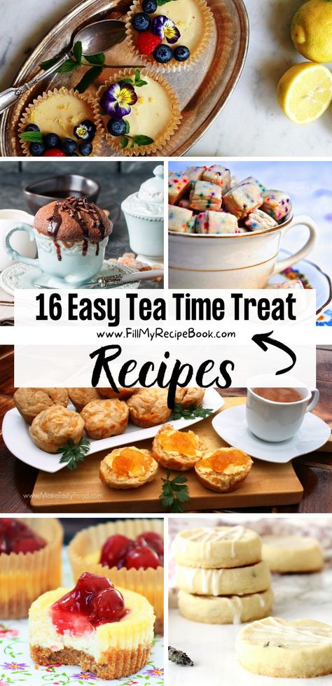 Here we share a few tea time treat recipes and ideas to create that are easy such as a chocolate mug cake, and cheese scones, and filled tartlets with lemon curd and decorated with fruit. More to choose from.. Tea Party Breads, Chocolate Tea Desserts, Tea Time Sweets Treats, Ideas For Afternoon Tea Food, Tea Time Desserts Easy, Desserts For High Tea, Dessert For Tea Party, High Tea Food Ideas Sweets, Chocolate Tea Party Desserts