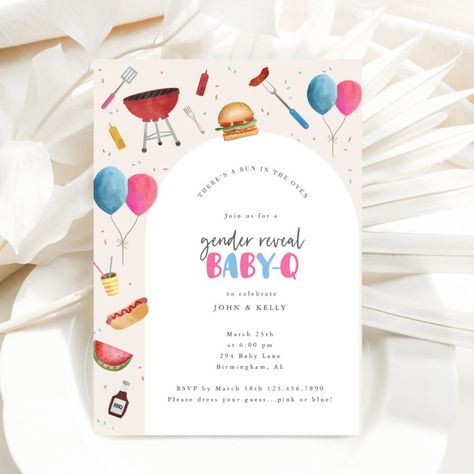 Gender Reveal Party Baby-Q (BBQ) Invitation - Great Barbecue Baby Bbq Gender Reveal, Baby Q Gender Reveal, Gender Reveal Bbq, Bbq Gender Reveal, Oven Burgers, Baby Bbq, Burgers On The Grill, Baby Q Invitations, Baby Q Shower