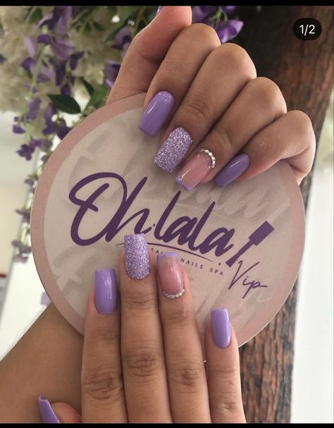 Violet Square Nails, Purple Rose Nails, Purple Engagement Nails, French Nails With Purple, Ongles Violet Pastel, Nails Lilla, French Nails Purple, Lilla Nails, Nails Violet