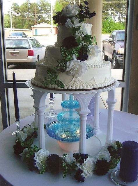 Fountain wedding cake  www.AshleysEnticingIcing.com or www.facebook.com/AshleysEnticingIcing Wedding Cakes With Water Fountain, Wedding Cake With Waterfall, Wedding Cake Fountain, Wedding Cake With Fountain, Fountain Wedding, Fountain Wedding Cakes, Gardenia Wedding, 2 Tier Wedding Cakes, Quince Cake