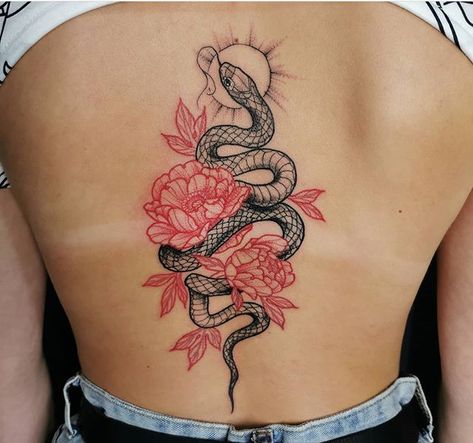 Snake And Flowers, Tattoo Snake, Dragon Tattoo For Women, Snake Tattoo Design, Spine Tattoos For Women, Red Ink Tattoos, Leg Tattoos Women, Dope Tattoos For Women, Red Tattoos