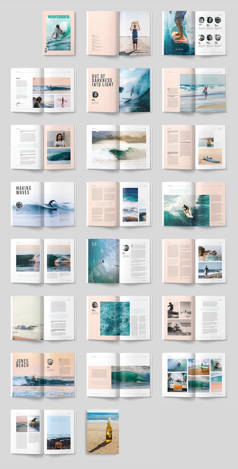 WAVERIDER MAGAZINE by ThomasMakesStuff on @creativemarket Unique Magazine Layout Design, Magazine Articles Layout, Lifestyle Magazine Design, Minimal Magazine Cover, Minimal Editorial Design, Text Layout Design, Magazine Layout Design Creative, Editorial Design Layouts, Layout Editoriale