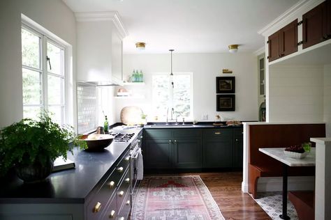 15 Cabinet Colors That Go With Black Granite Countertops | Hunker White Upper Cabinets Dark Lower Black Countertops, Craftsman Interior Paint Colors, Grey Cupboards, Green Kitchens, Cellar Ideas, Alpine House, Lower Cabinets, Kitchen Breakfast Nooks, Craftsman Interior