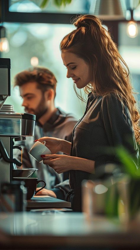 "Barista Preparing #Espresso: A focused female barista in a cozy #CoffeeShop prepares a drink while a #Customer waits. #LatteArt #CafeLife #FemaleBarista #BaristaSkills #Preparation #AIgeneratedArt #AIphoto #StockPhotography ⬇️ Download and 📝 Prompt 👉 https://stockcake.com/i/barista-preparing-coffee_902471_1029101" Female Barista Aesthetic, Coffee Shoot Photography, Customer Service Aesthetic, Barista Aesthetic Female, Coffee Shop Branding Photoshoot, Barista Pictures, Barista Photoshoot, Coffee Shop Photoshoot Instagram, Barista Pose