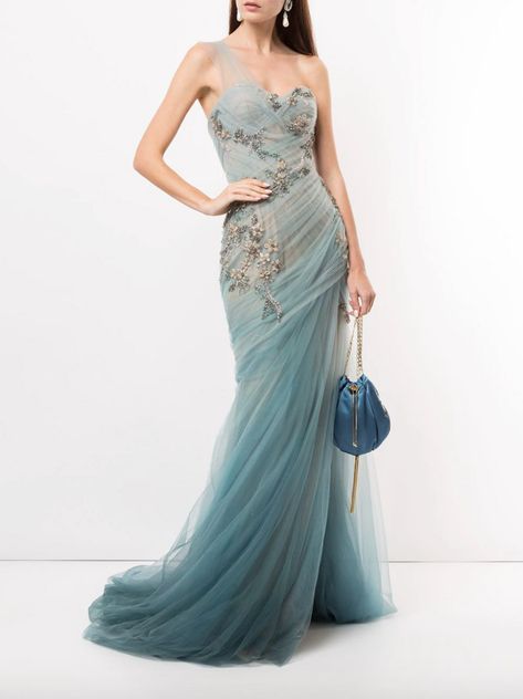 Asymmetric Gown, High Low Ball Gown, Marchesa Couture, Grecian Gown, Cobalt Dress, Drape Gowns, Gown Skirt, One Shoulder Gown, Column Gown