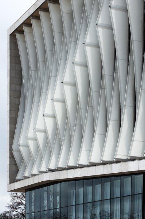 Facade - Tensile "Fabric" Fins | Paul Snustead Kinetic Architecture, Mall Facade, Facade Pattern, Parking Building, Building Skin, Hotel Facade, مركز ثقافي, Tensile Structures, Metal Facade